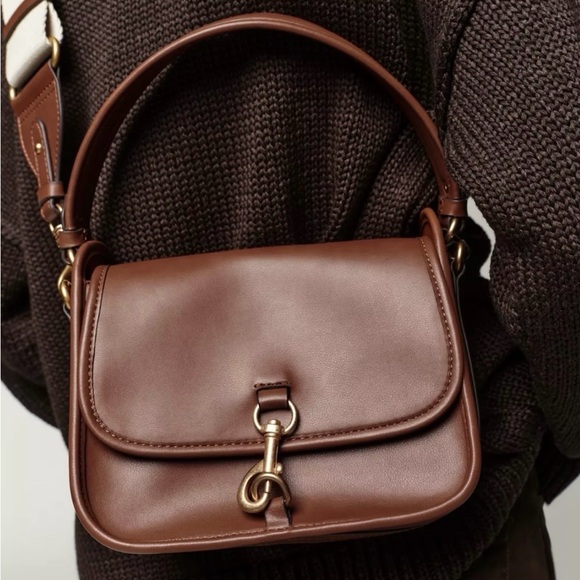 ZARA Structured Cognac Top Handle Bag w/ Statement Gold Clasp - Picture 3 of 14